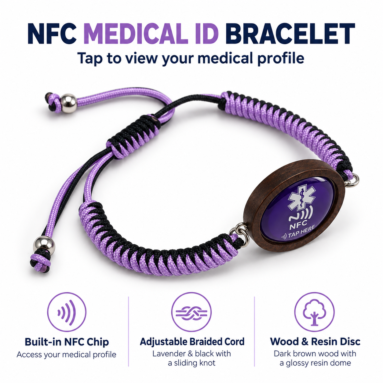 NFC Medical Alert Bracelet, Editable Medical ID, Adjustable Braided Wristband, Wooden Medical Bracelet for Women and Men