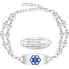 Double Layer Heart Link Medical Alert Bracelet, Stainless Steel with Dynamic QR Code – No Pre-Order Info Needed, Dual Lobster Clasps, Interchangeable ID Tag, Fashion Emergency Health Bracelet