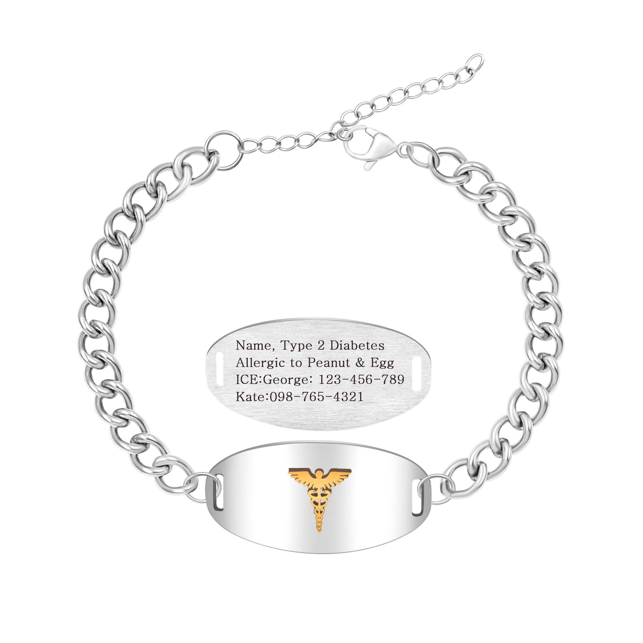 Stainless Steel Medical Alert Bracelet with Golden Caduceus Symbol Men Women | Laser Engraved or Dynamic QR Code Medical ID Bracelet | Adjustable Chain Emergency Contact Allergy ID Jewelry Black White