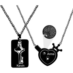 Personalized Stainless Steel Heart Lock & Key Necklace Set for Couples | 100 Languages I Love You Projection Jewelry | Custom Name Engraved Matching Pendant for Wedding Anniversary Gift