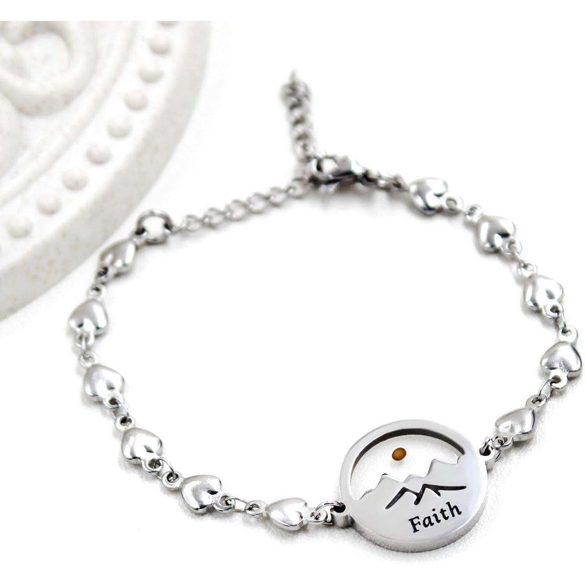 Mustard Seed Stainless Steel Faith Heart Link Bracelet for Women | Christian Religious Blessing Encouragement Jewelry Christmas Gift