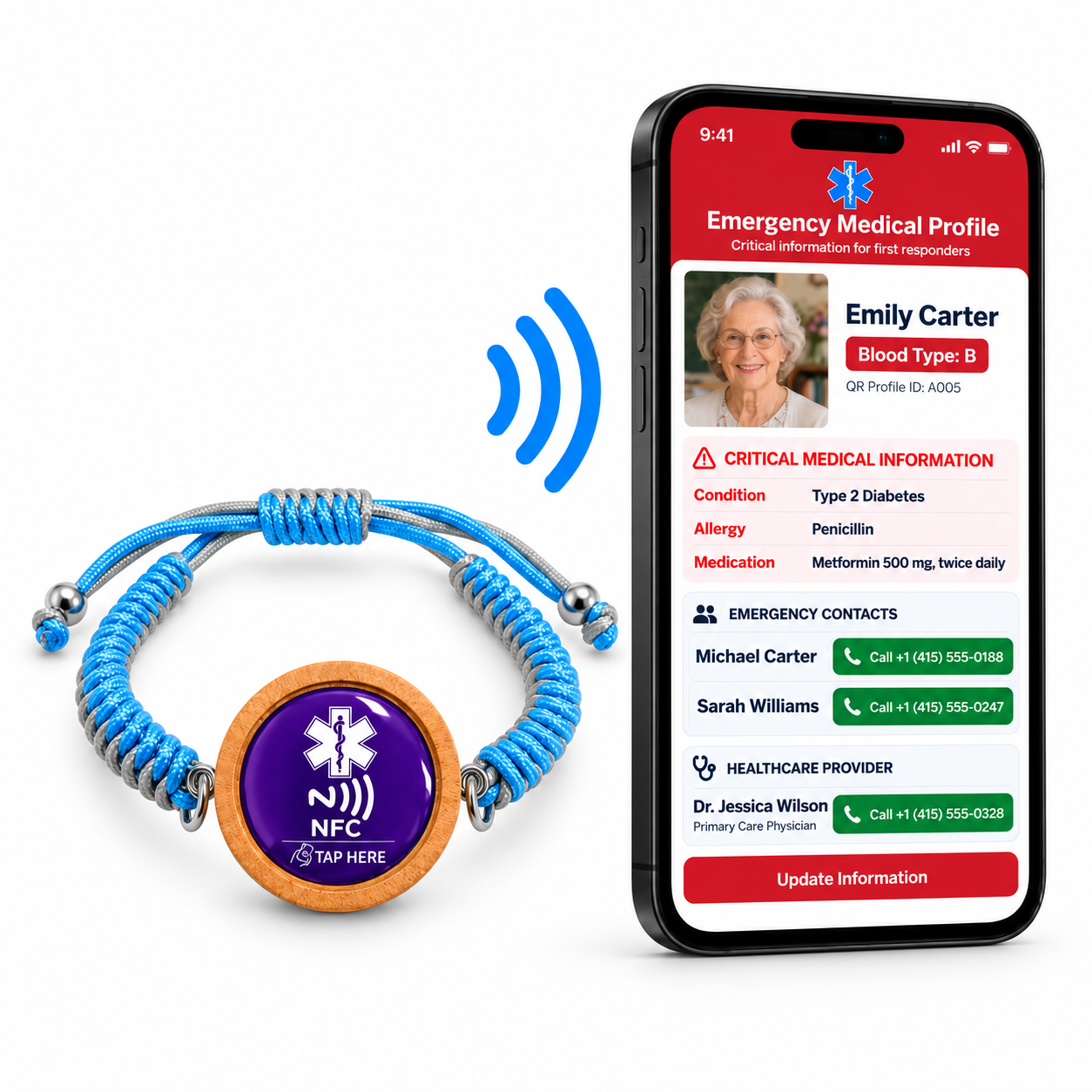 NFC Medical Alert Bracelet, Editable Medical ID, Adjustable Braided Wristband, Wooden Medical Bracelet for Women and Men