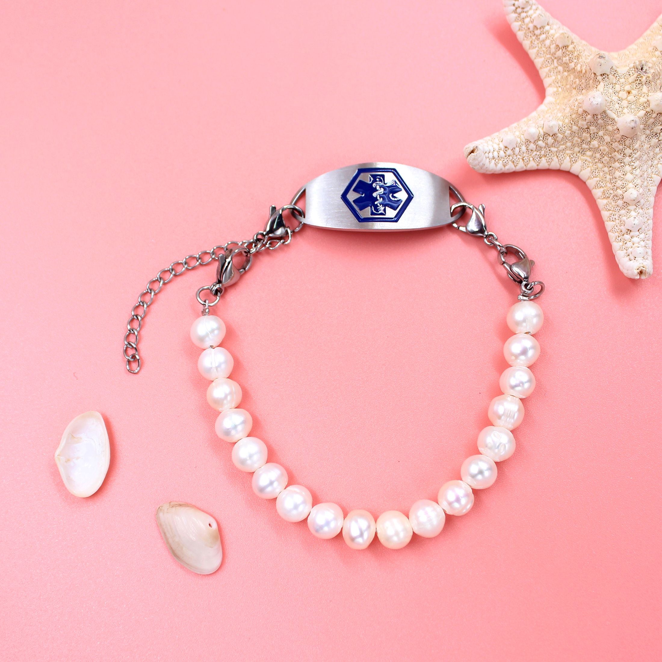 White Freshwater Pearl Double Layer QR Code Medical Alert Bracelet – Blue Medical ID Bracelet with Interchangeable Plate, Dual Lobster Clasp, Editable Dynamic QR Emergency Jewelry for Women YA6293