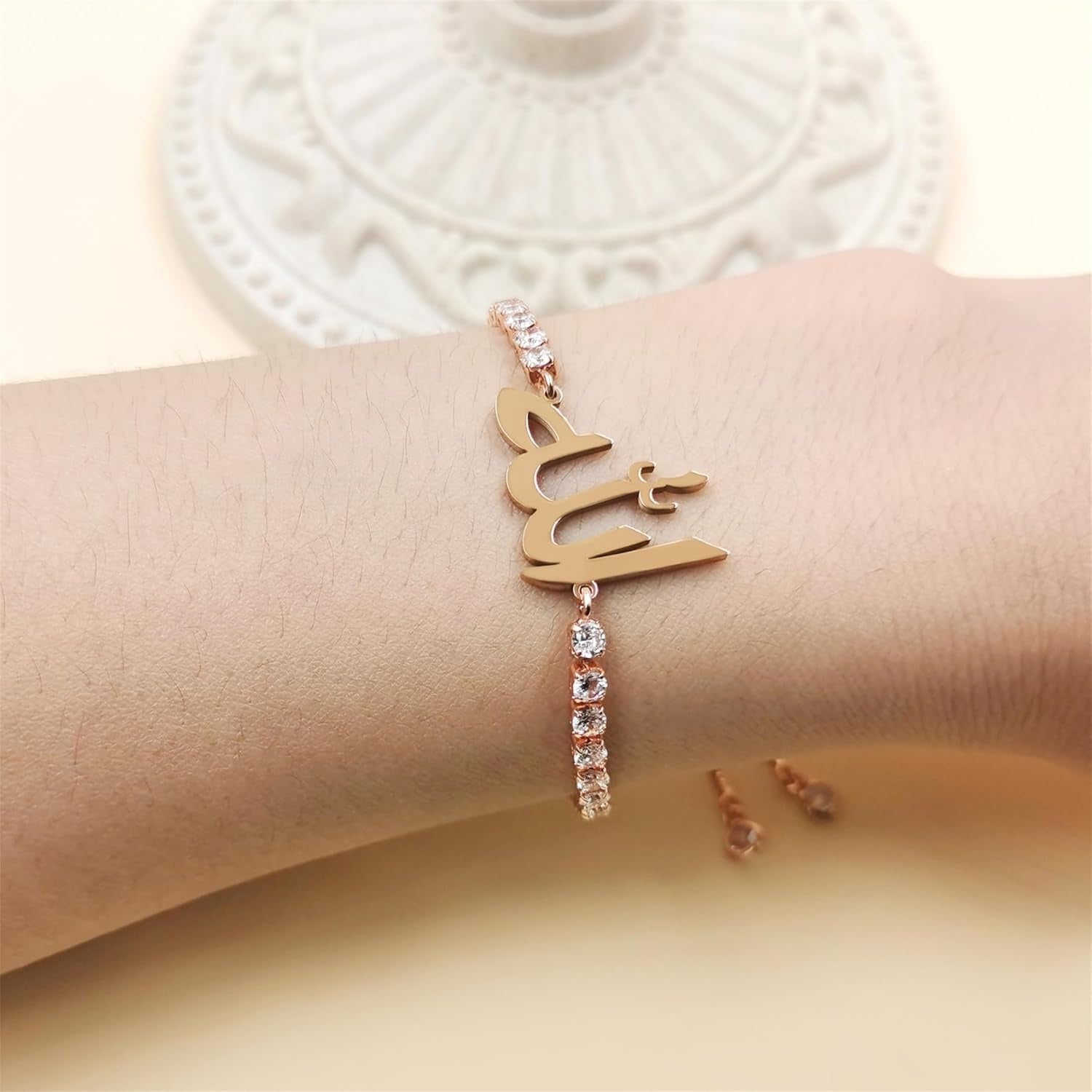 Arabic Allah Script Cubic Zirconia Tennis Bracelet for Women Stainless Steel Adjustable Islamic Faith Jewelry Sparkling Muslim Bracelet Elegant Religious Gift for Mom Wife Sister Daughter Ramadan Eid