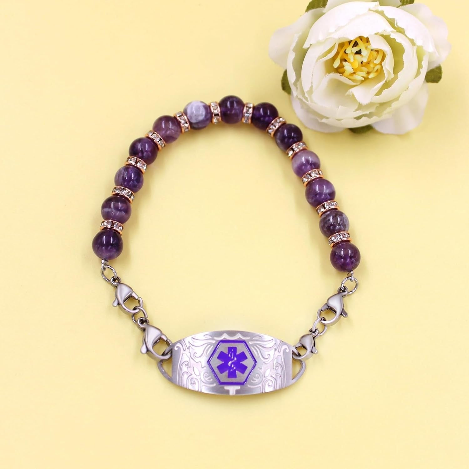 QR Code Medical Alert Bracelet for Women, Amethyst Bead Medical ID Bracelet, Stainless Steel Medical Tag, Scan to Edit Emergency Information