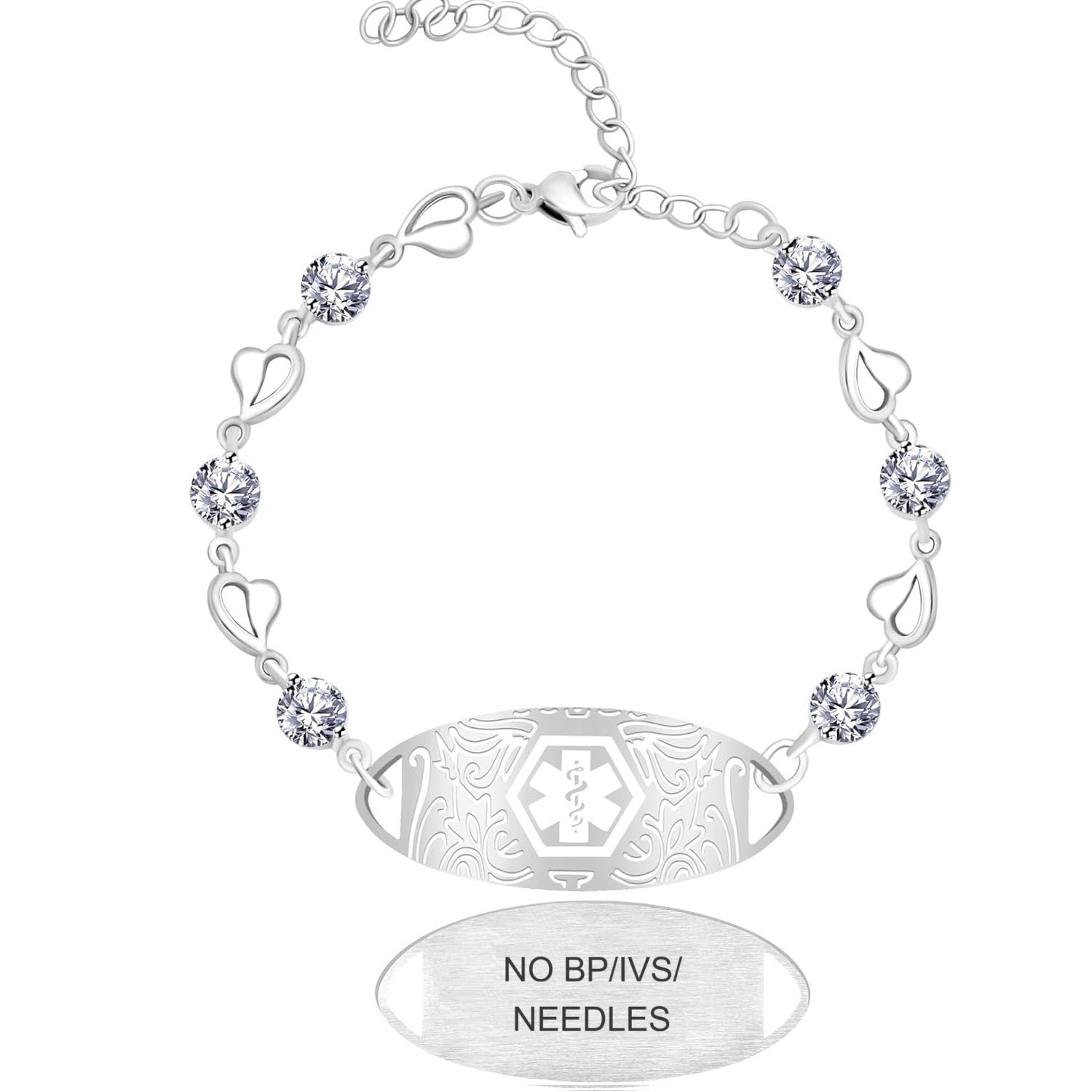 Uloveido Custom Medical ID Bracelet with White Cubic Zirconia | Elegant Floral Enamel Design | Adjustable QR Code & Engraved Emergency Contact EMS Bracelet for Women and Travelers