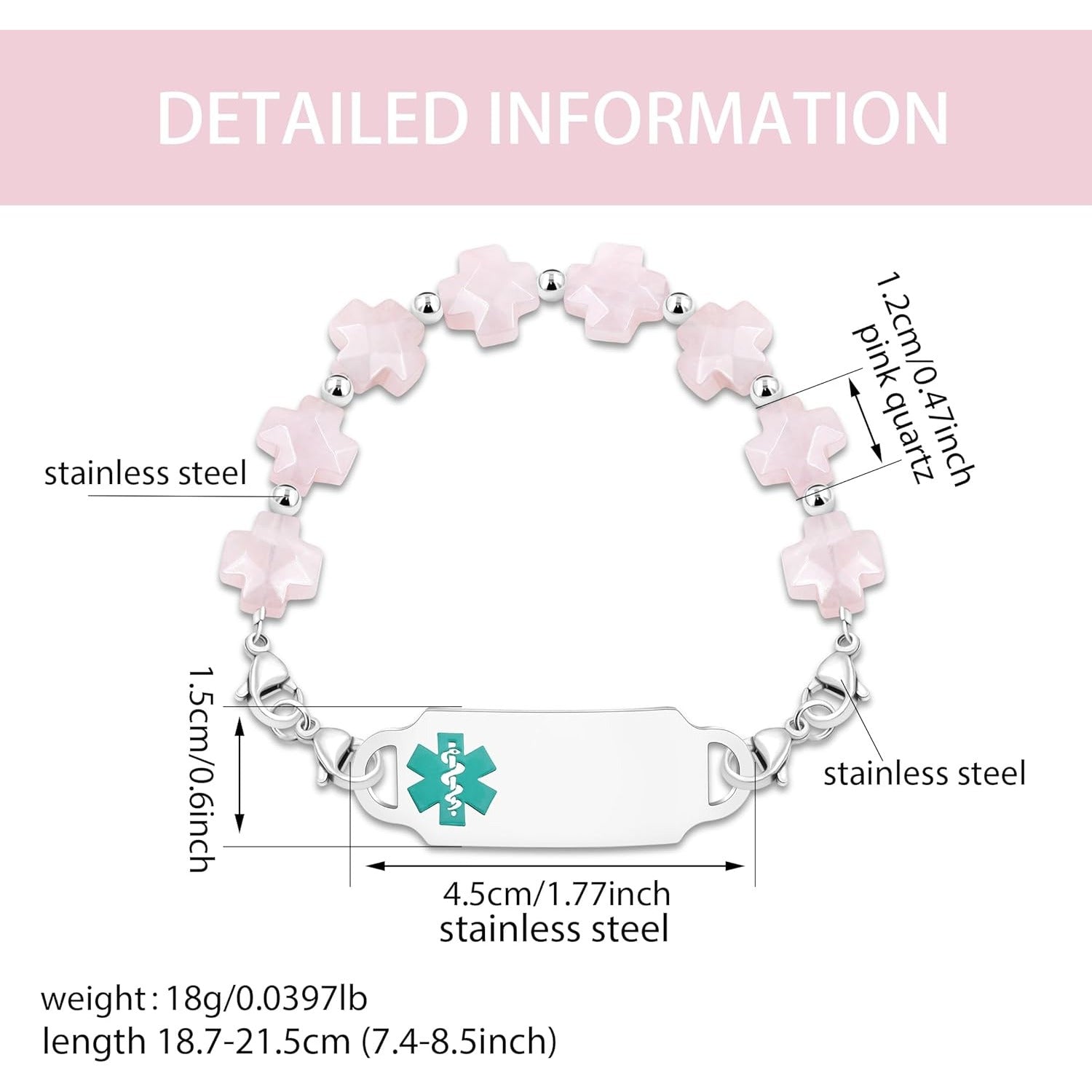 Rose Quartz QR Code Medical Alert Bracelet Scan to Edit Medical Info No Custom Info Required Greek Cross Beaded Emergency ID Bracelet for Women Stainless Steel