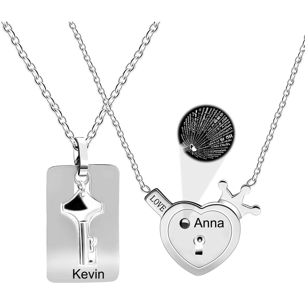 Personalized Stainless Steel Heart Lock & Key Necklace Set for Couples | 100 Languages I Love You Projection Jewelry | Custom Name Engraved Matching Pendant for Wedding Anniversary Gift