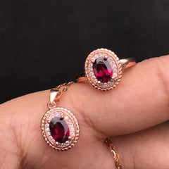 925 Sterling Silver Natural Magnesium Aluminum Garnet Ring & Necklace Set | Full Fire Color | Perfect for Engagement, Wedding, Valentine's Day, Mother's Day, Birthday Gifts | Adjustable Ring & Box Chain Length 45cm | 20% Off