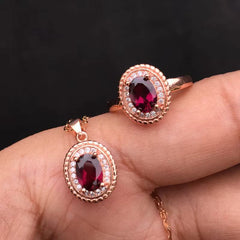 925 Sterling Silver Natural Magnesium Aluminum Garnet Ring & Necklace Set | Full Fire Color | Perfect for Engagement, Wedding, Valentine's Day, Mother's Day, Birthday Gifts | Adjustable Ring & Box Chain Length 45cm | 20% Off