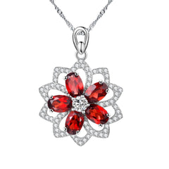 Uloveido 925 Sterling Silver Natural Garnet 2.5CT Red Flower Hollow Necklace Pendant for Women Wedding CN004