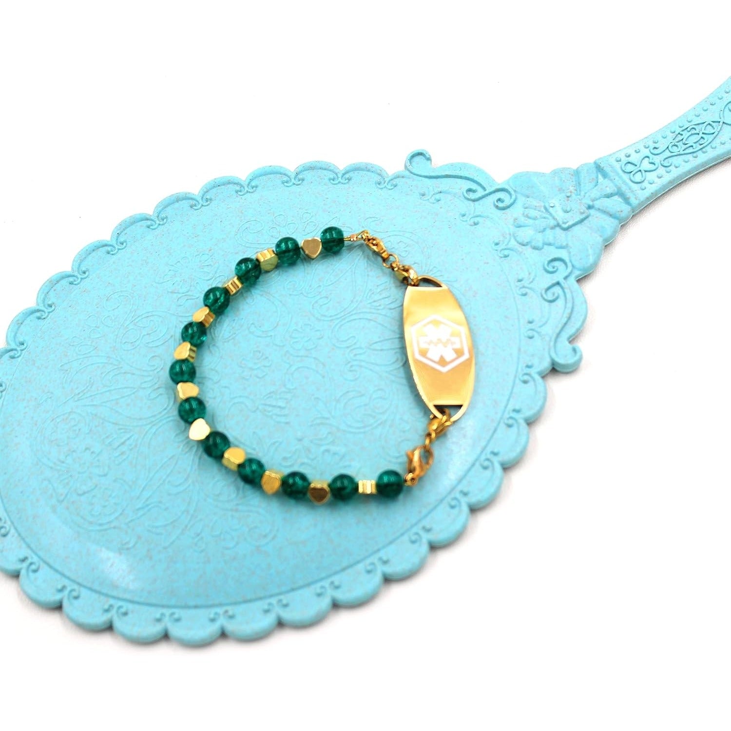 Stainless Steel Medical Alert Bracelet for Women 18K Gold Plated Tarnish Resistant | Laser Engraved or Dynamic QR Code ID Bracelet | Green Pink Purple Crack Bead Heart Adjustable Jewelry