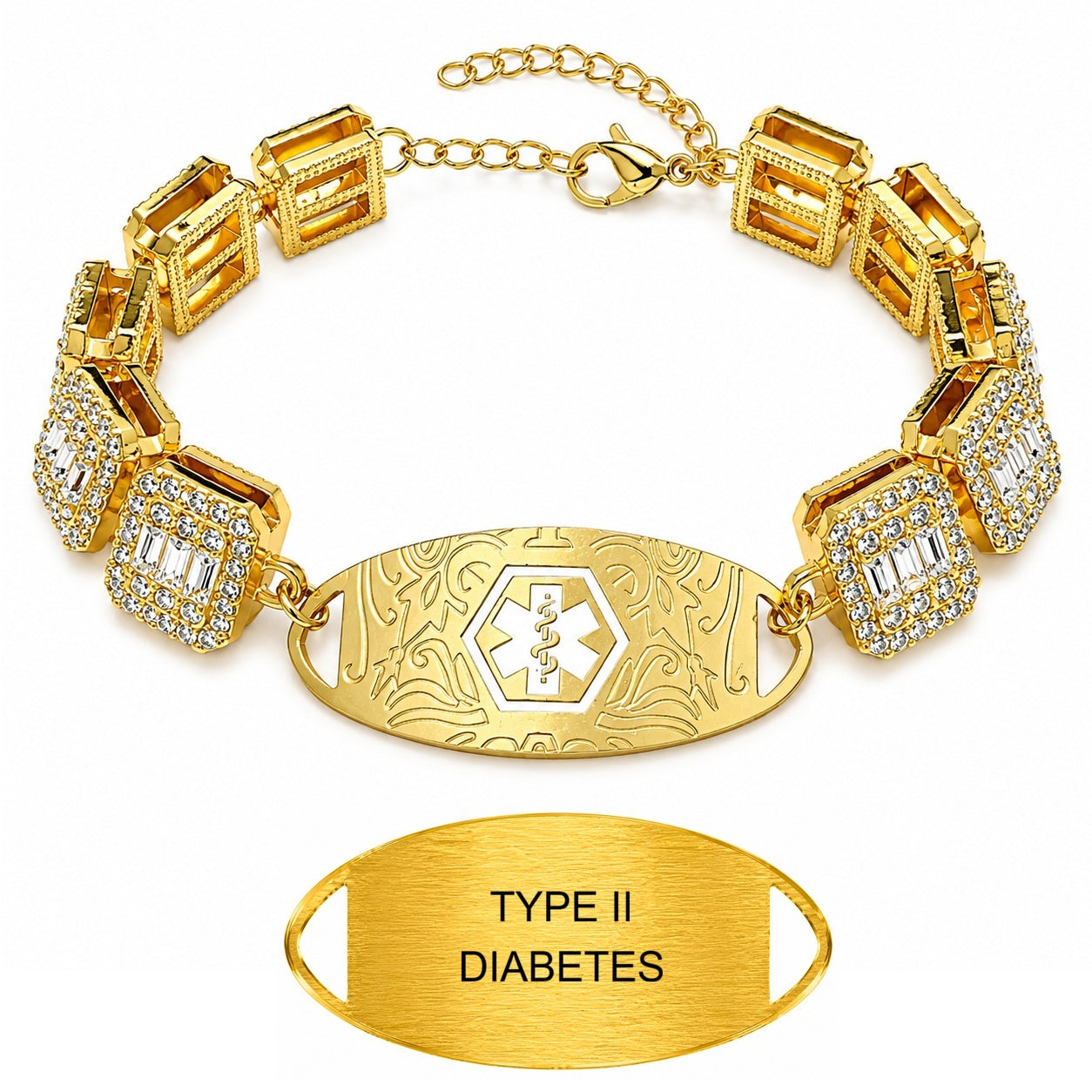 Rhinestone Medical ID Bracelet for Women, Luxury Square Link Chain Bracelet with Stainless Steel ID Plate, Custom Engraving or QR Code Emergency Information Jewelry, Adjustable Safety Bracelet