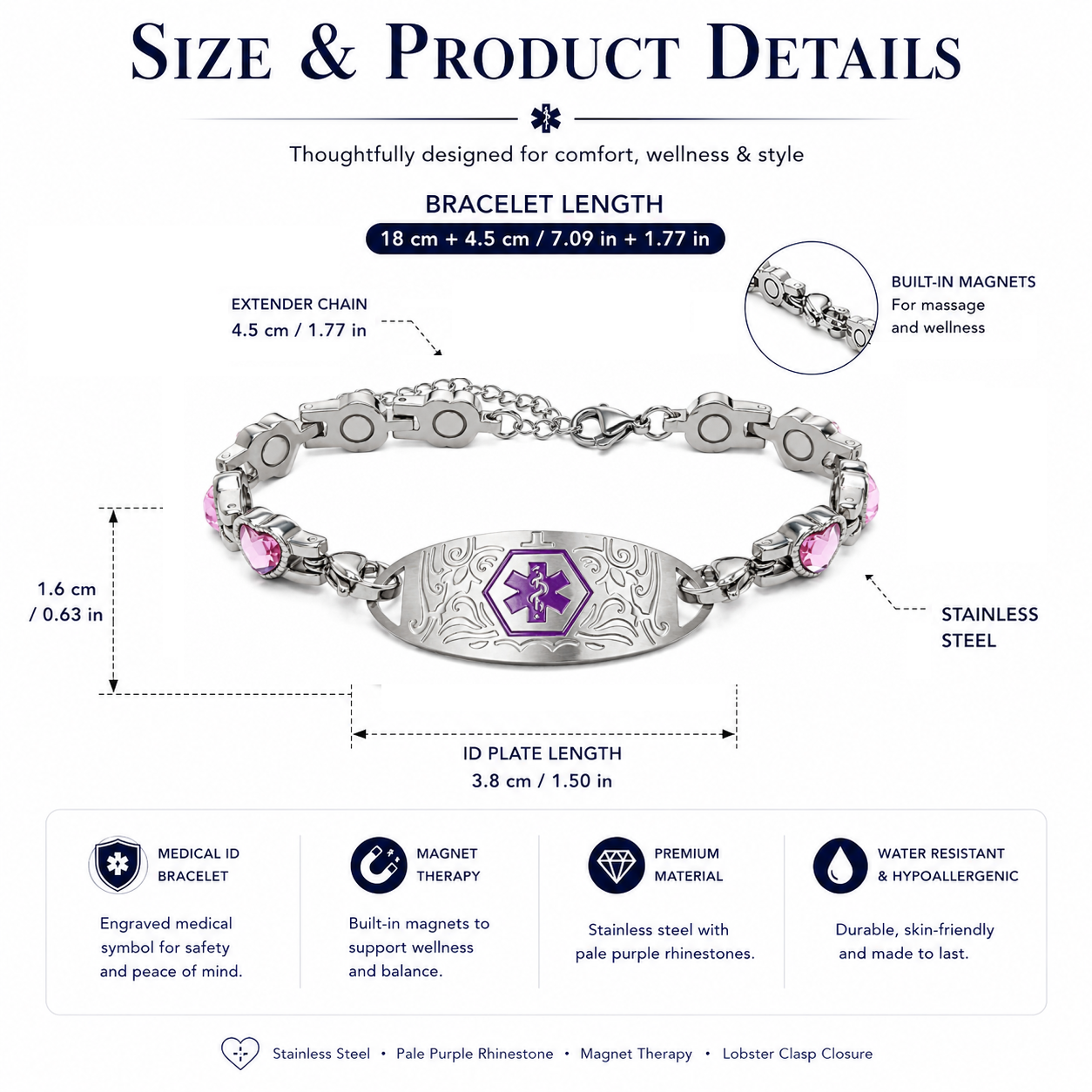 Custom Stainless Steel Medical Alert Bracelet QR Code ID Bracelet for Women Men Adjustable Engraved Emergency Jewelry with Cubic Zirconia Charm
