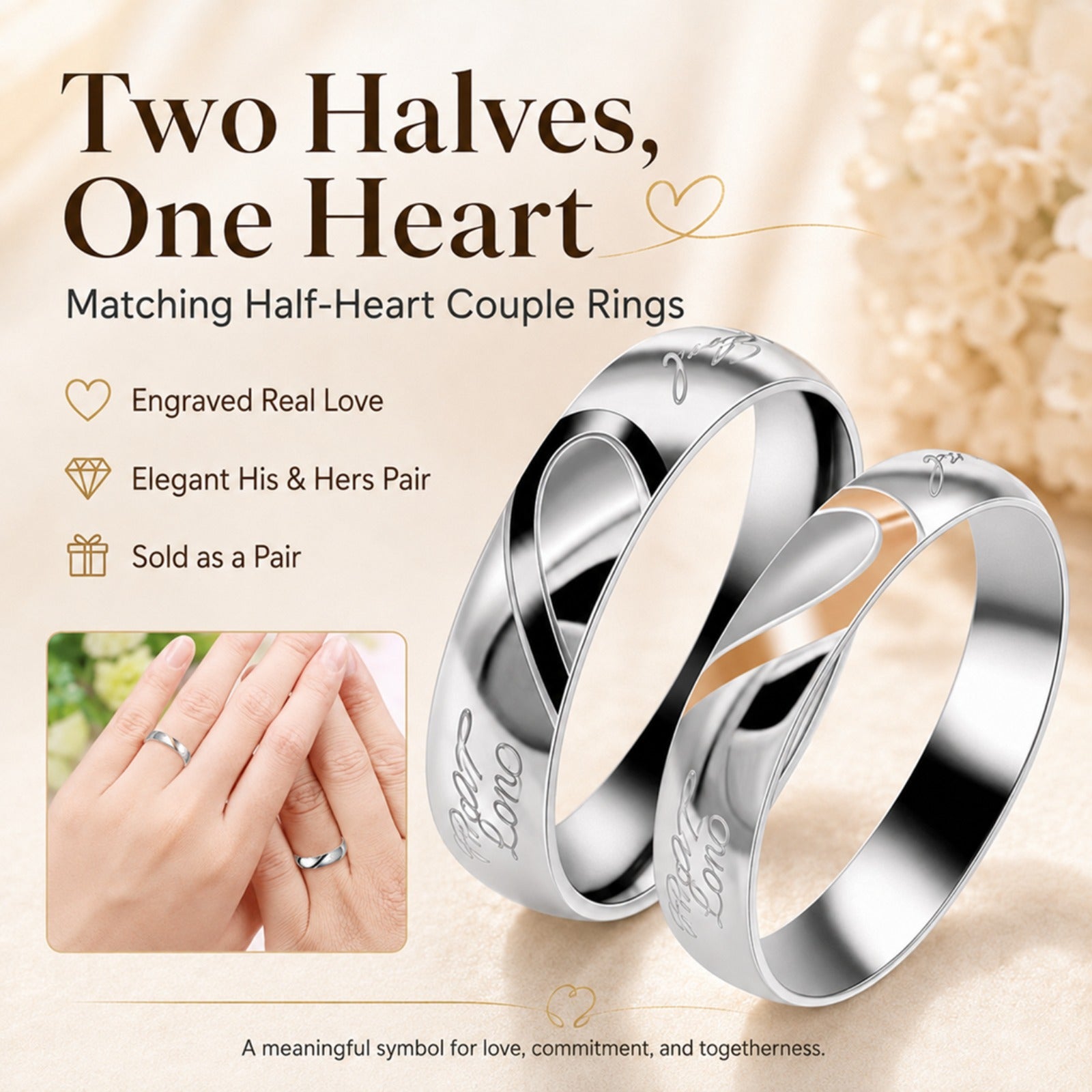 Matching Couple Rings Set for Him and Her, Stainless Steel Real Love Wedding Bands, Black Men Ring & Rose Gold Women Ring, Half Heart Promise Rings