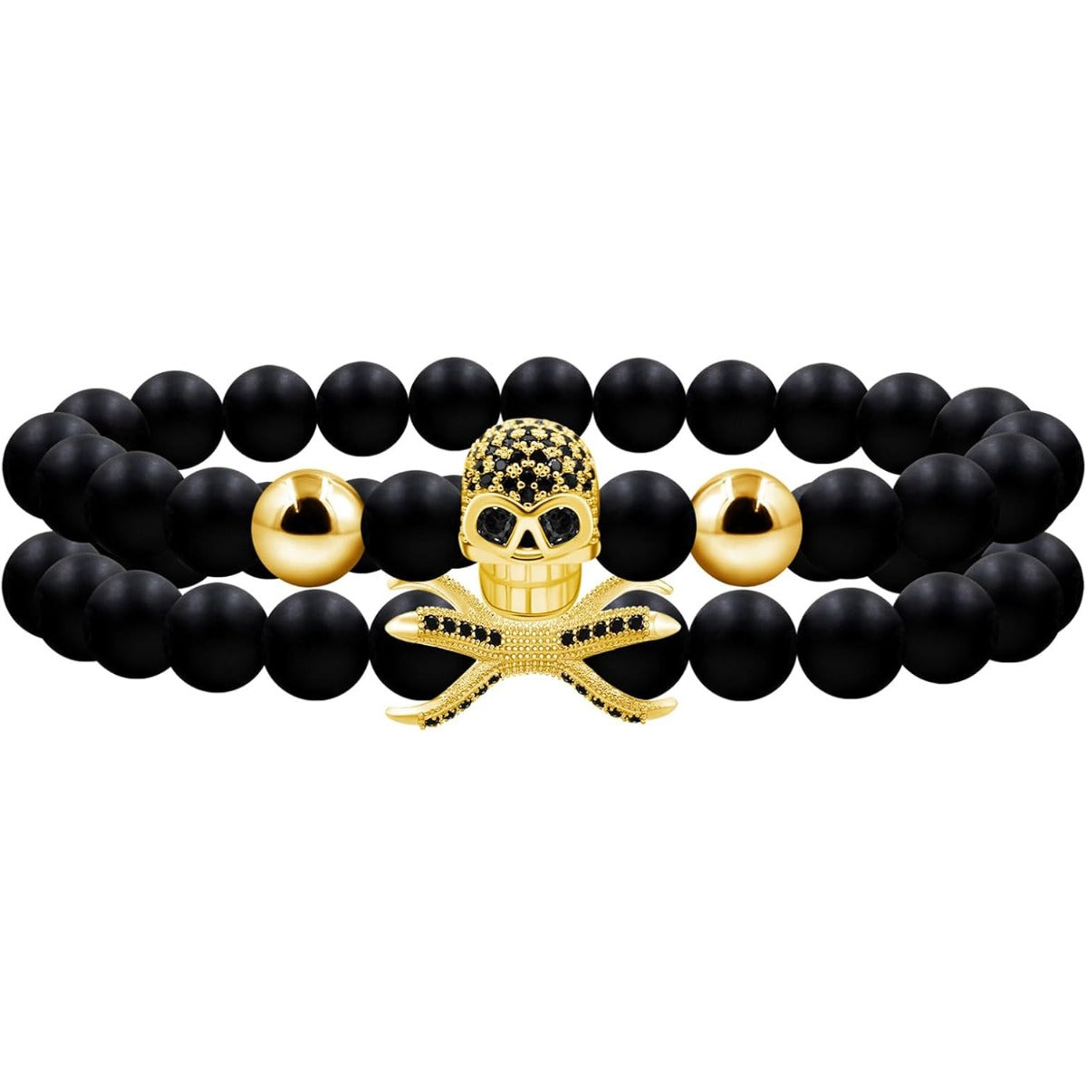 Men’s Elastic Skull Bracelet 2 Piece Set | 8mm Black Obsidian Beaded Skeleton Bracelet | Healing Energy Jewelry Gift for Him