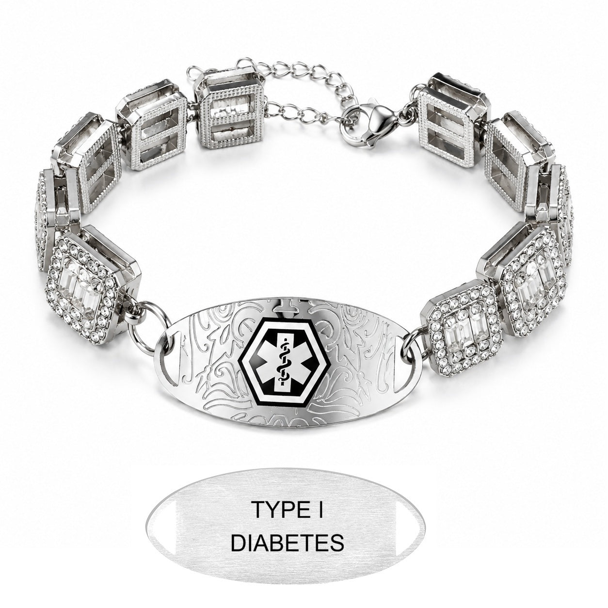 Rhinestone Medical ID Bracelet for Women, Luxury Square Link Chain Bracelet with Stainless Steel ID Plate, Custom Engraving or QR Code Emergency Information Jewelry, Adjustable Safety Bracelet