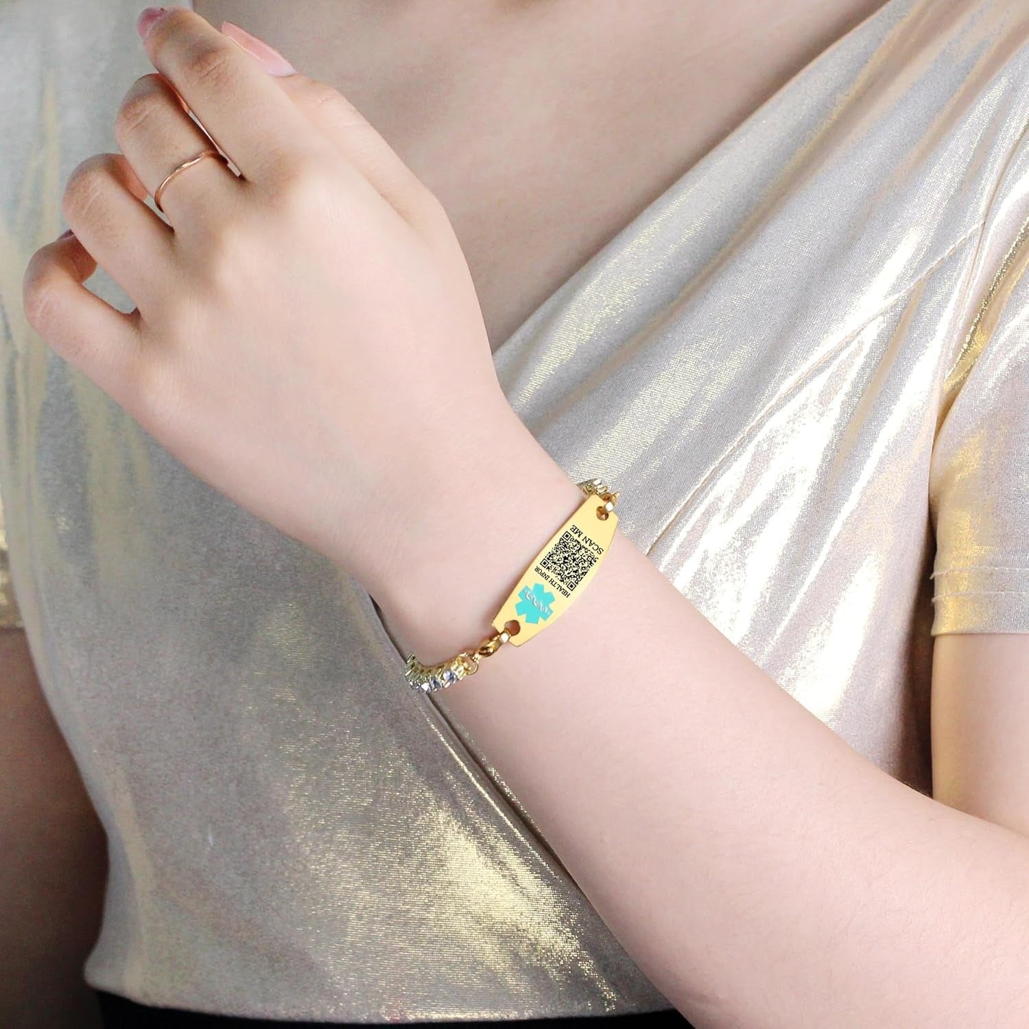 Uloveido Customizable QR Code Medical Alert Tennis Bracelet, Silver and Gold Color Options, Personalized Engraved Health ID Jewelry, Scannable Emergency Contact Wristband for Women