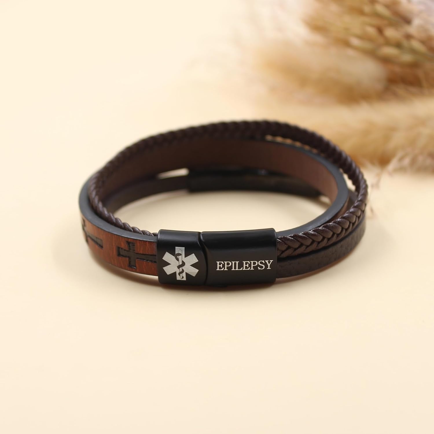 Dynamic QR Code Medical Alert Bracelet for Men Scan to Update Medical Info No Medical Info Needed at Checkout Braided PU Leather Cross Emergency ID Bracelet Waterproof Lightweight for Outdoor Sports Daily Wear