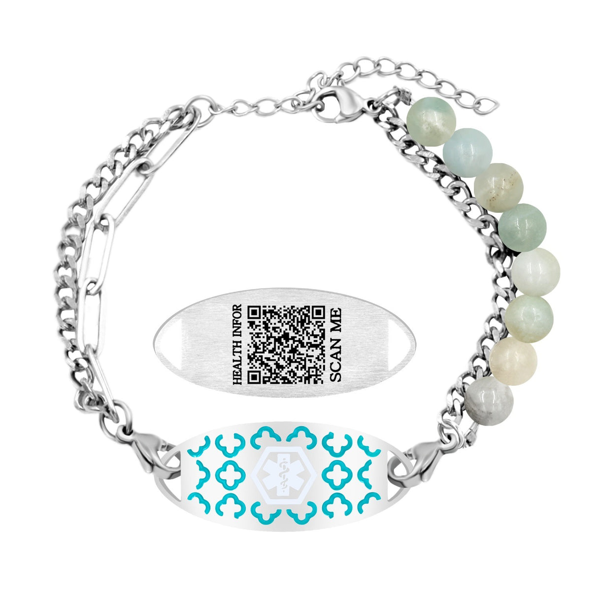 Women’s Dynamic QR Code Medical Alert Bracelet, Adjustable Amazonite Stone & Stainless Steel Medical ID Jewelry, Scan to Enter Emergency Information