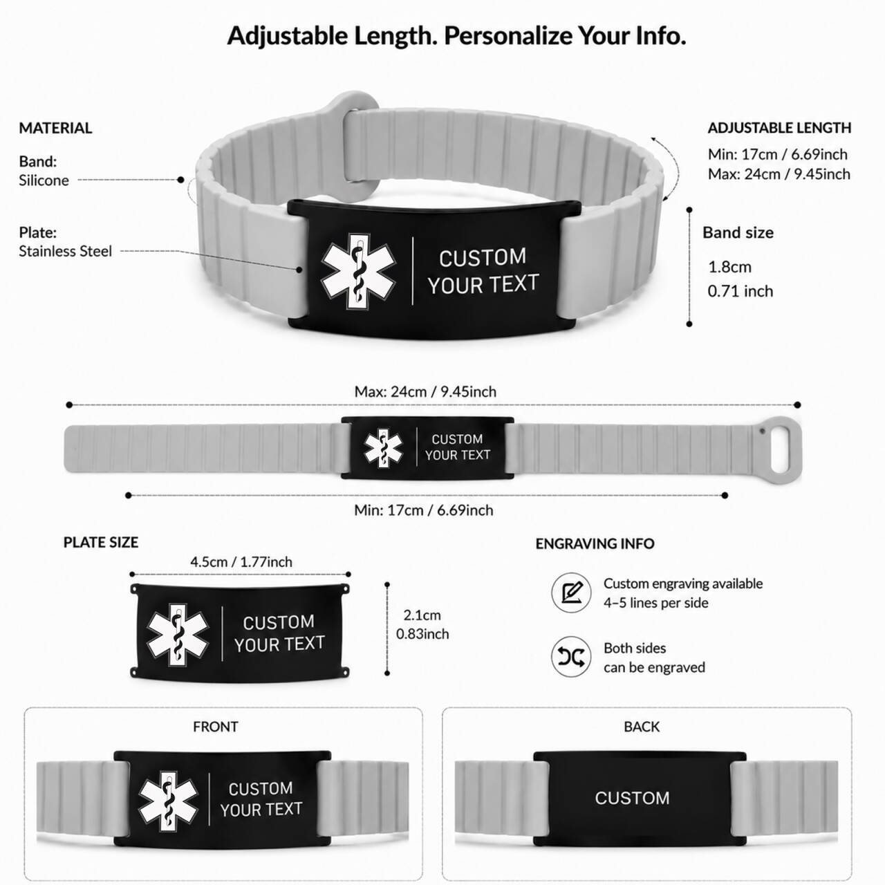 Medical Alert Bracelet for Men Women, Personalized Medical ID Wristband with Engraved Stainless Steel Plate, Diabetes Blood Thinner Emergency ID Bracelet, Adjustable Silicone Medical Bracelet