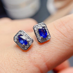 925 STERLING SILVER Earrings with Rectangle Sapphire Stud Earrings with Sparkling Cubic Zirconia. The Silver Halo Earrings are a Lovely Gift for Her.