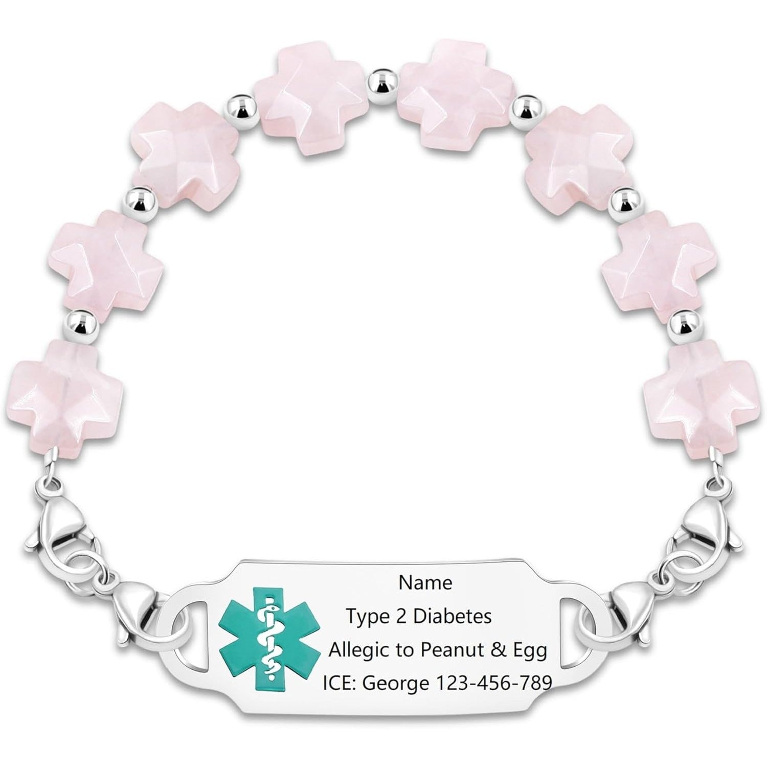 Rose Quartz QR Code Medical Alert Bracelet Scan to Edit Medical Info No Custom Info Required Greek Cross Beaded Emergency ID Bracelet for Women Stainless Steel