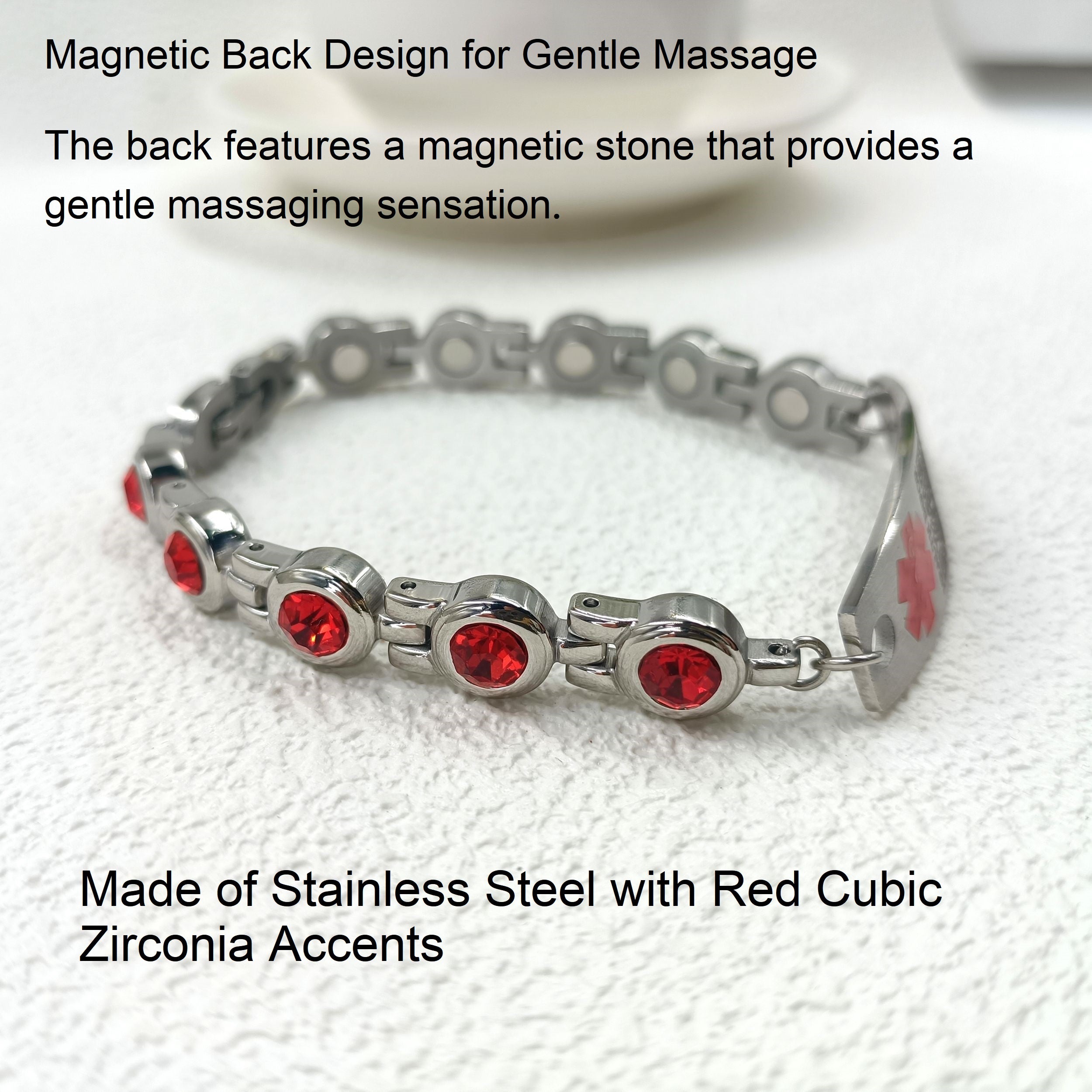 Editable QR Code Medical Alert Bracelet for Women, Stainless Steel with Red Cubic Zirconia, Magnetic Link Bracelet with Adjustable Clasp, Scan to Update Health Information Anytime