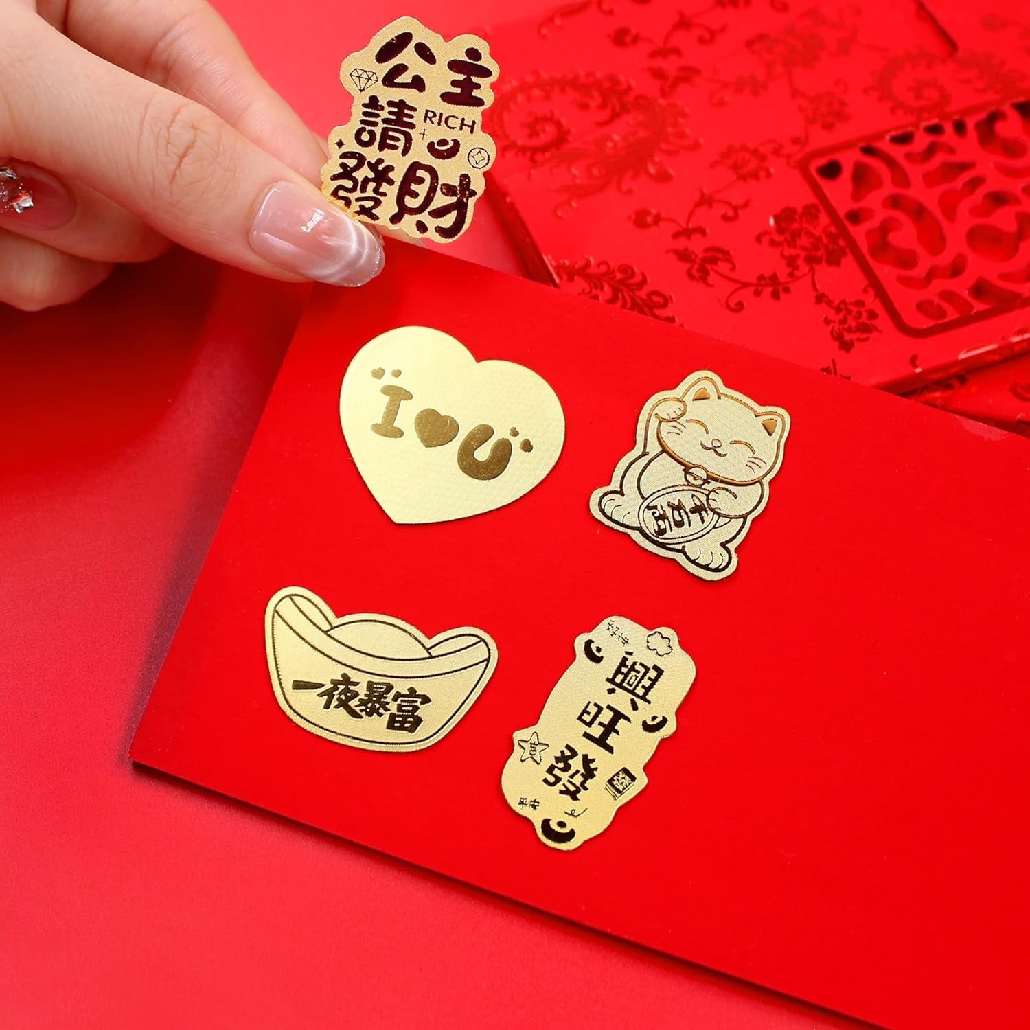 Uloveido Golded Foil Phone Decal Sticker Set, 5 Pieces Lucky Wealth Feng Shui Amulet Stickers, Chinese New Year Good Luck Phone Decorations