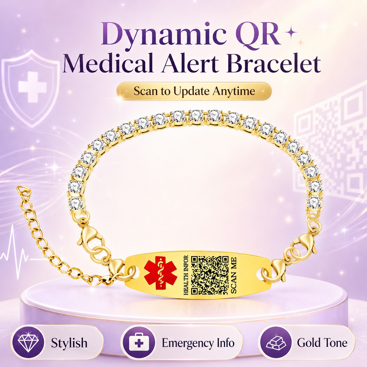 Uloveido Editable QR Code Medical Alert Tennis Bracelet for Women, Silver & Gold Color Options, Personalized Scannable Health ID Jewelry, Custom Emergency Info Wristband
