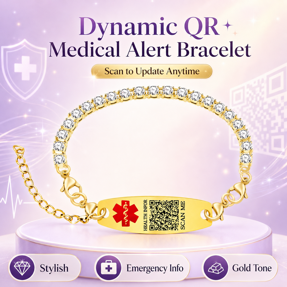 Uloveido Editable QR Code Medical Alert Tennis Bracelet for Women, Silver & Gold Color Options, Personalized Scannable Health ID Jewelry, Custom Emergency Info Wristband