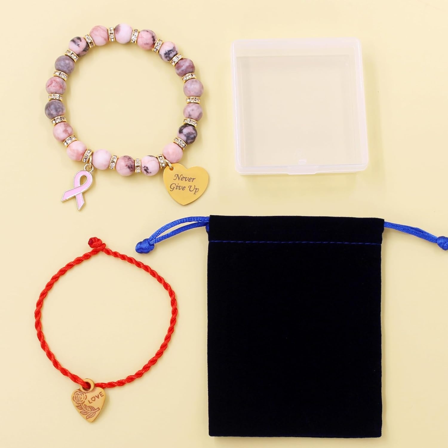 Pink Zebra Jasper Breast Cancer Awareness Bracelet – Never Give Up Heart Charm & Pink Ribbon, Stretch Beaded Natural Stone Bracelet for Women, Inspirational Cancer Support Jewelry Gift