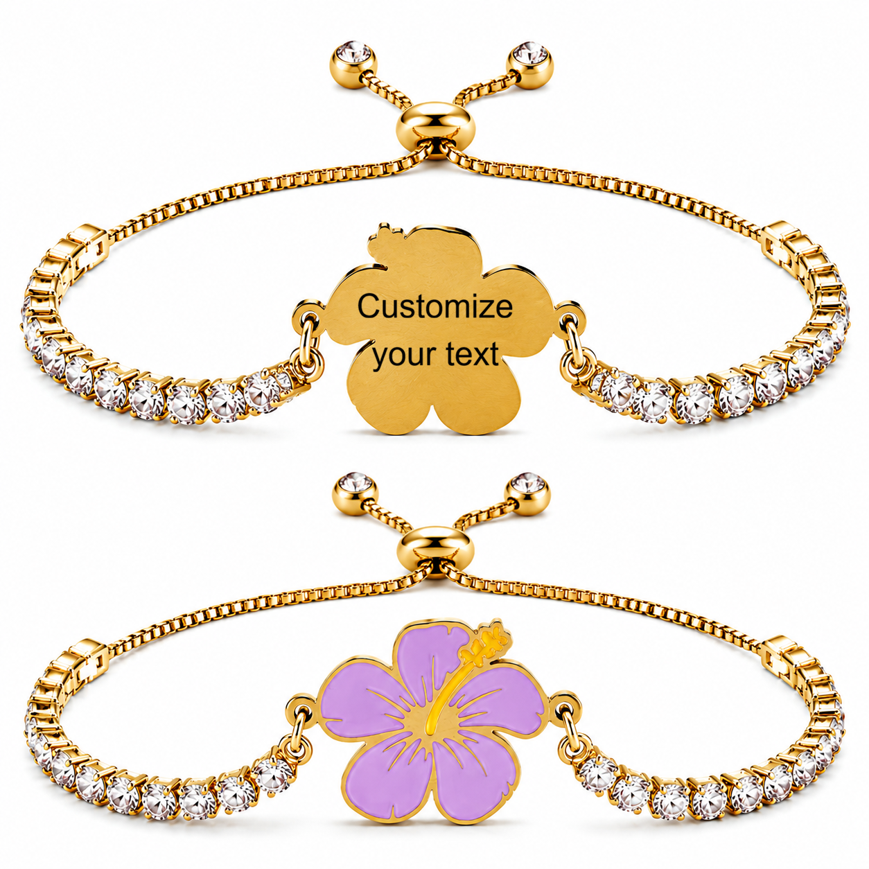 Hibiscus Flower Tennis Bracelet for Women | Gold Plated Stainless Steel Cubic Zirconia Adjustable Slide Clasp Bracelet | Red & Purple Enamel Floral Jewelry Gift