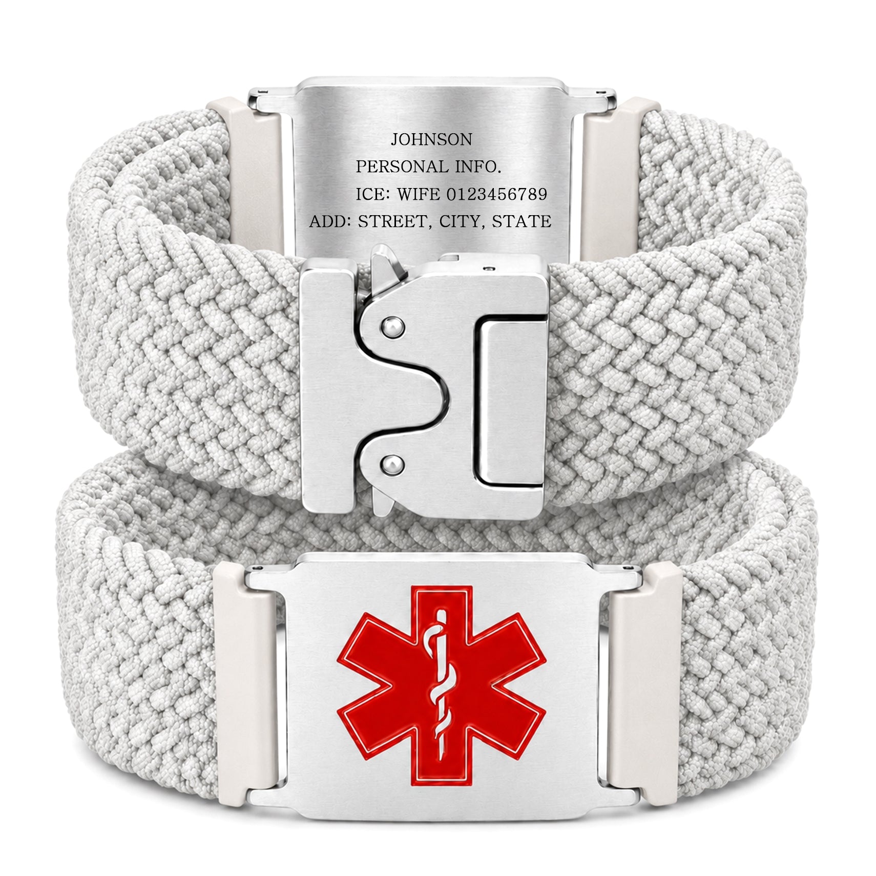 Uloveido Personalized Nylon Medical ID Bracelet with Laser-Engraved Medical Alert Tag and Dynamic QR Code, Braided Elastic Watch Band with Secure Parachute-Style Buckle, 20mm Adjustable for Men