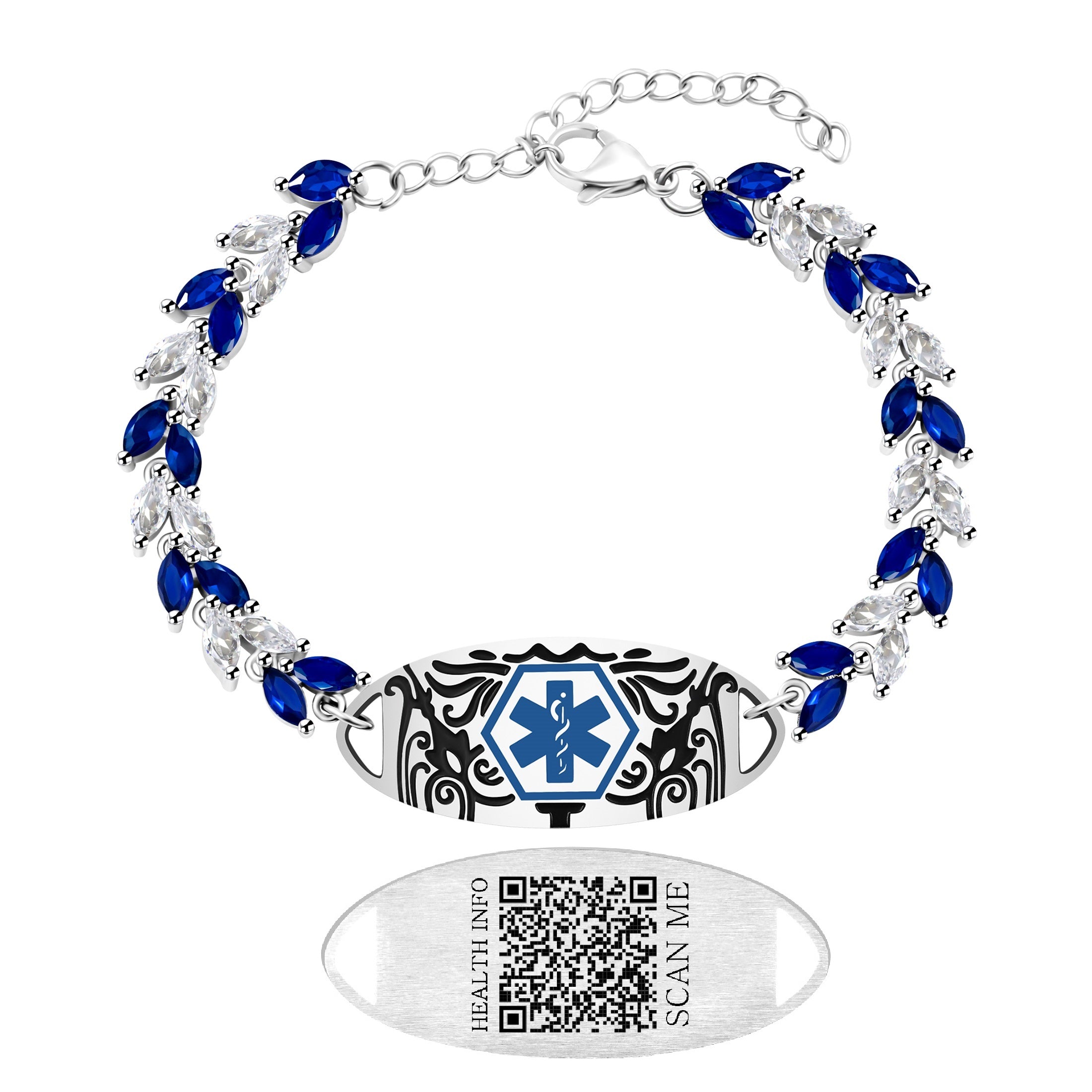 Uloveido Blue & White Leaf CZ Medical Alert Bracelet for Women | Dynamic QR Code or Custom Engraved ID Jewelry | Emergency Contact Allergy Health Info Stainless Steel & Copper Adjustable Wristband