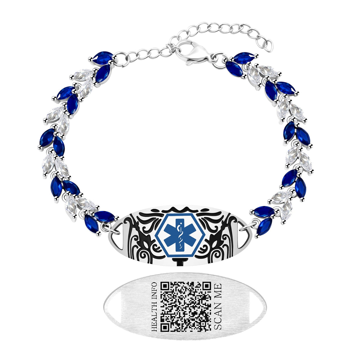 Uloveido Blue & White Leaf CZ Medical Alert Bracelet for Women | Dynamic QR Code or Custom Engraved ID Jewelry | Emergency Contact Allergy Health Info Stainless Steel & Copper Adjustable Wristband