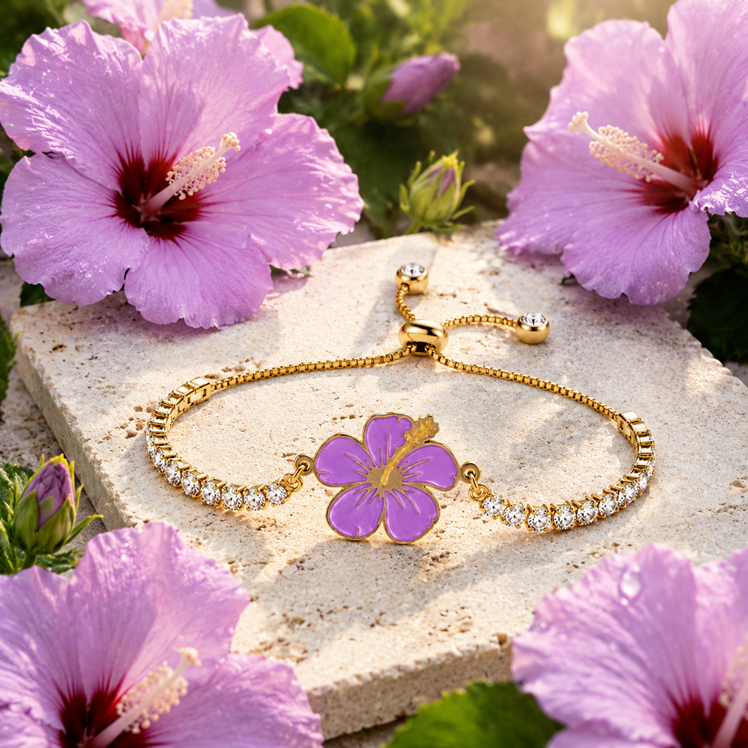 Hibiscus Flower Tennis Bracelet for Women | Gold Plated Stainless Steel Cubic Zirconia Adjustable Slide Clasp Bracelet | Red & Purple Enamel Floral Jewelry Gift