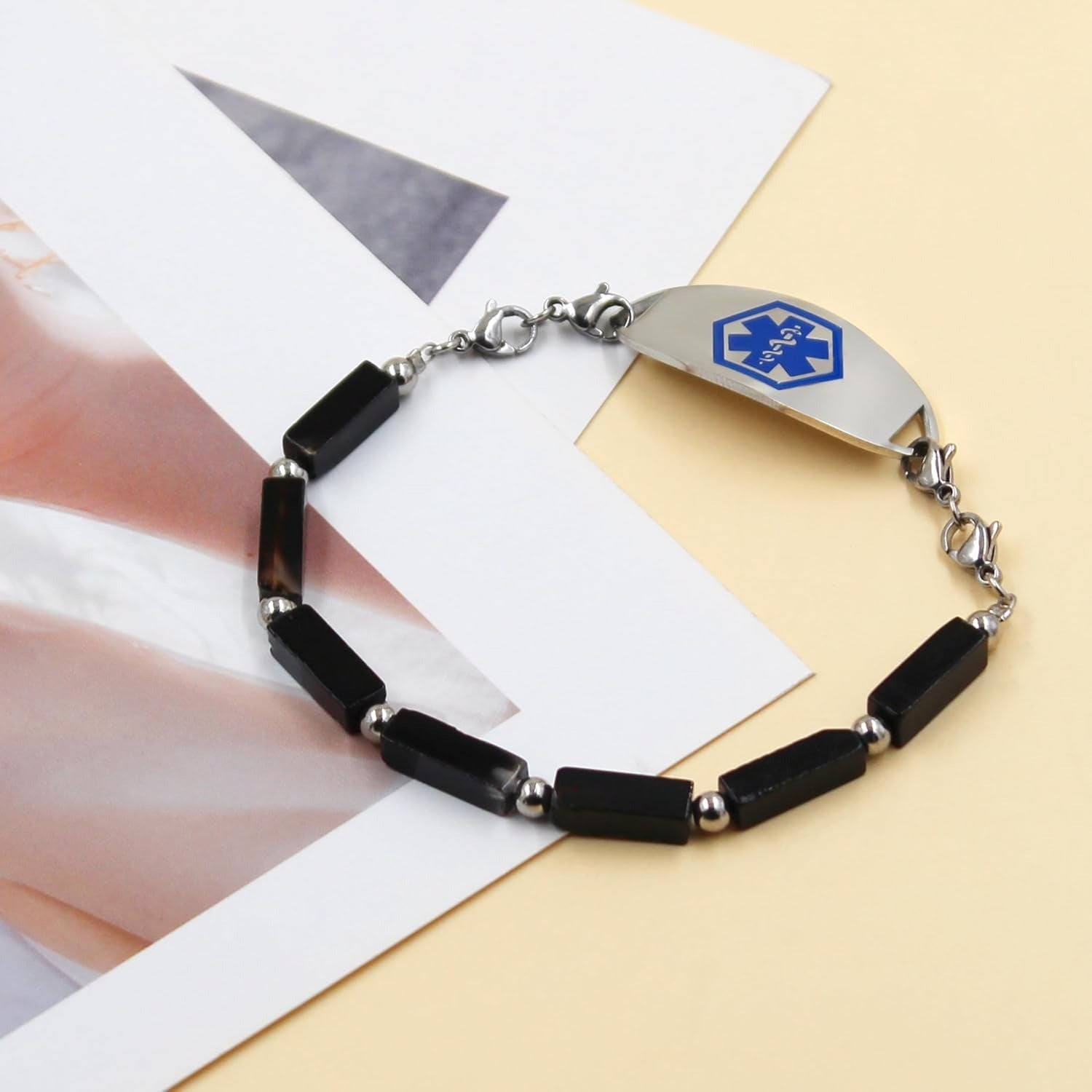 Dynamic QR Code Medical Alert Bracelet with Natural Stone Beads, Pink Stone Red Agate Black Agate White Turquoise, Stainless Steel Medical ID Bracelet, Double Lobster Clasp, No Engraving Required