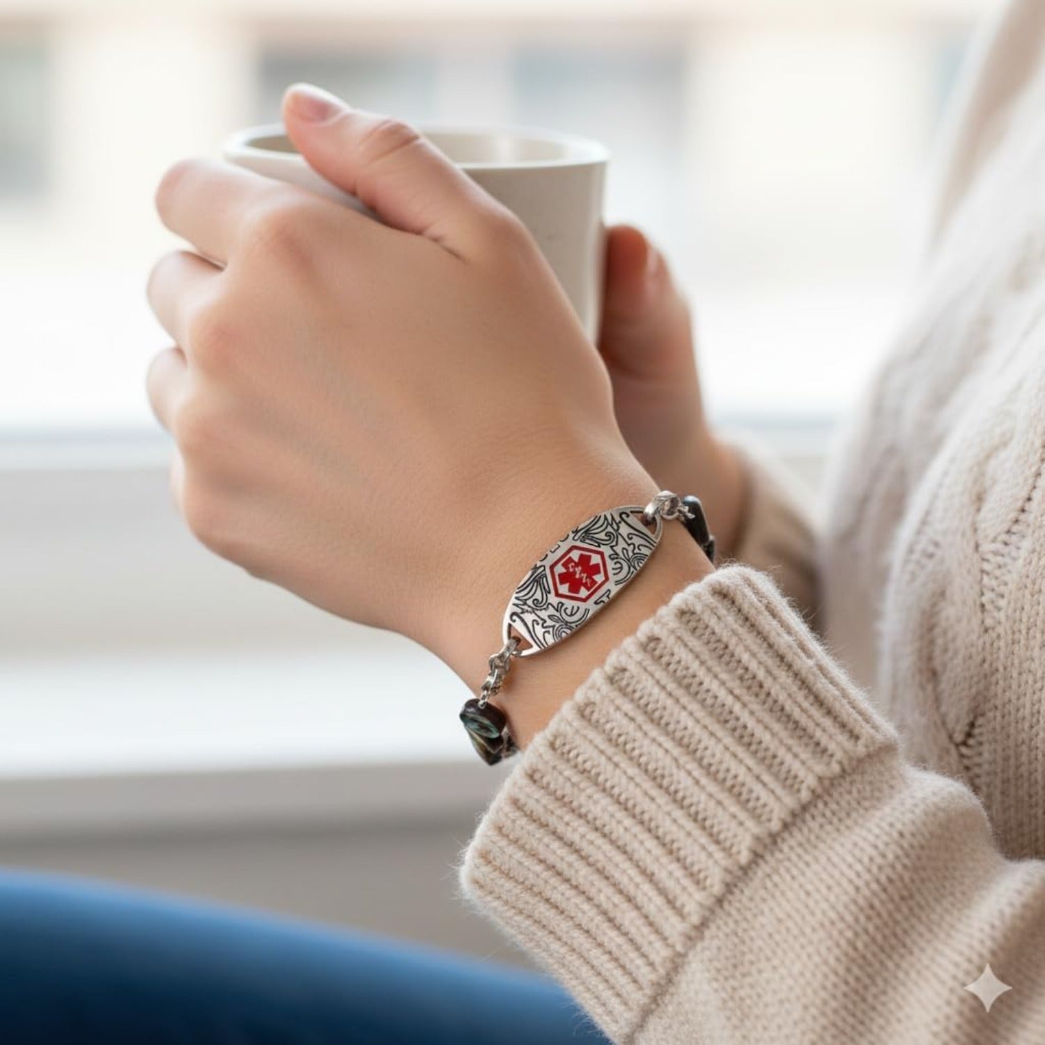 Dynamic QR Code Medical Alert Bracelet for Women | Round Abalone Shell Beads & Stainless Steel ID | Scan to Edit Emergency Info, Allergy & Diabetes ID Jewelry, Double Lobster Clasp, Adjustable