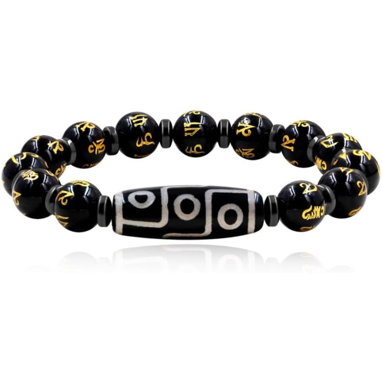 Nine Eyes Dzi Bead Bracelet with Tibetan Mantra Beads, Elastic Buddhist Beaded Bracelet for Men & Women, Green Red Brown Stone Stretch Bracelet for Meditation and Daily Wear