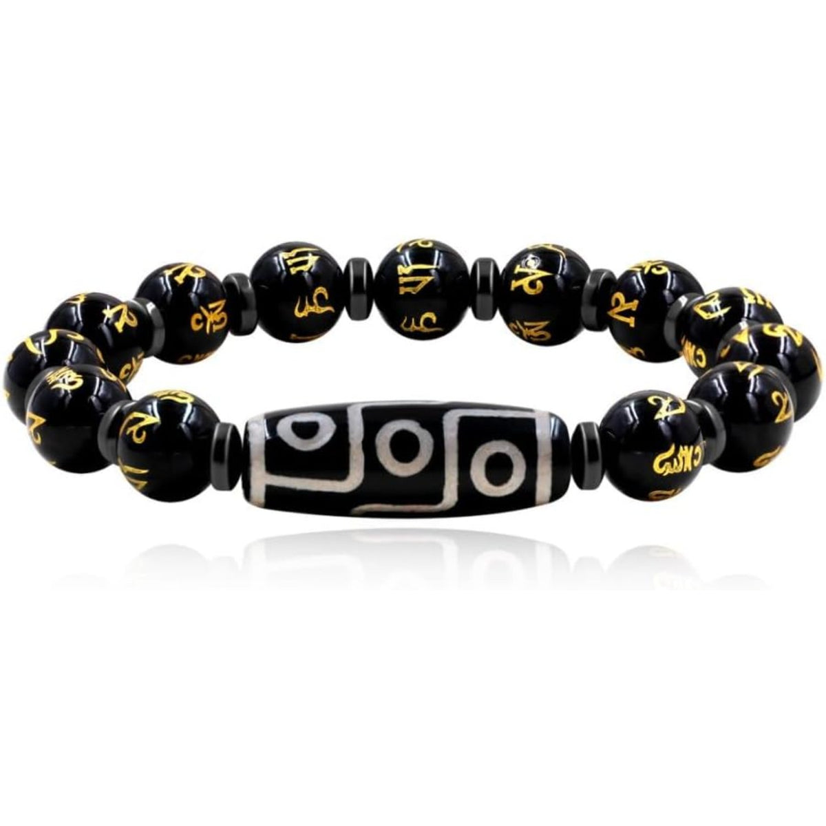 Nine Eyes Dzi Bead Bracelet with Tibetan Mantra Beads, Elastic Buddhist Beaded Bracelet for Men & Women, Green Red Brown Stone Stretch Bracelet for Meditation and Daily Wear