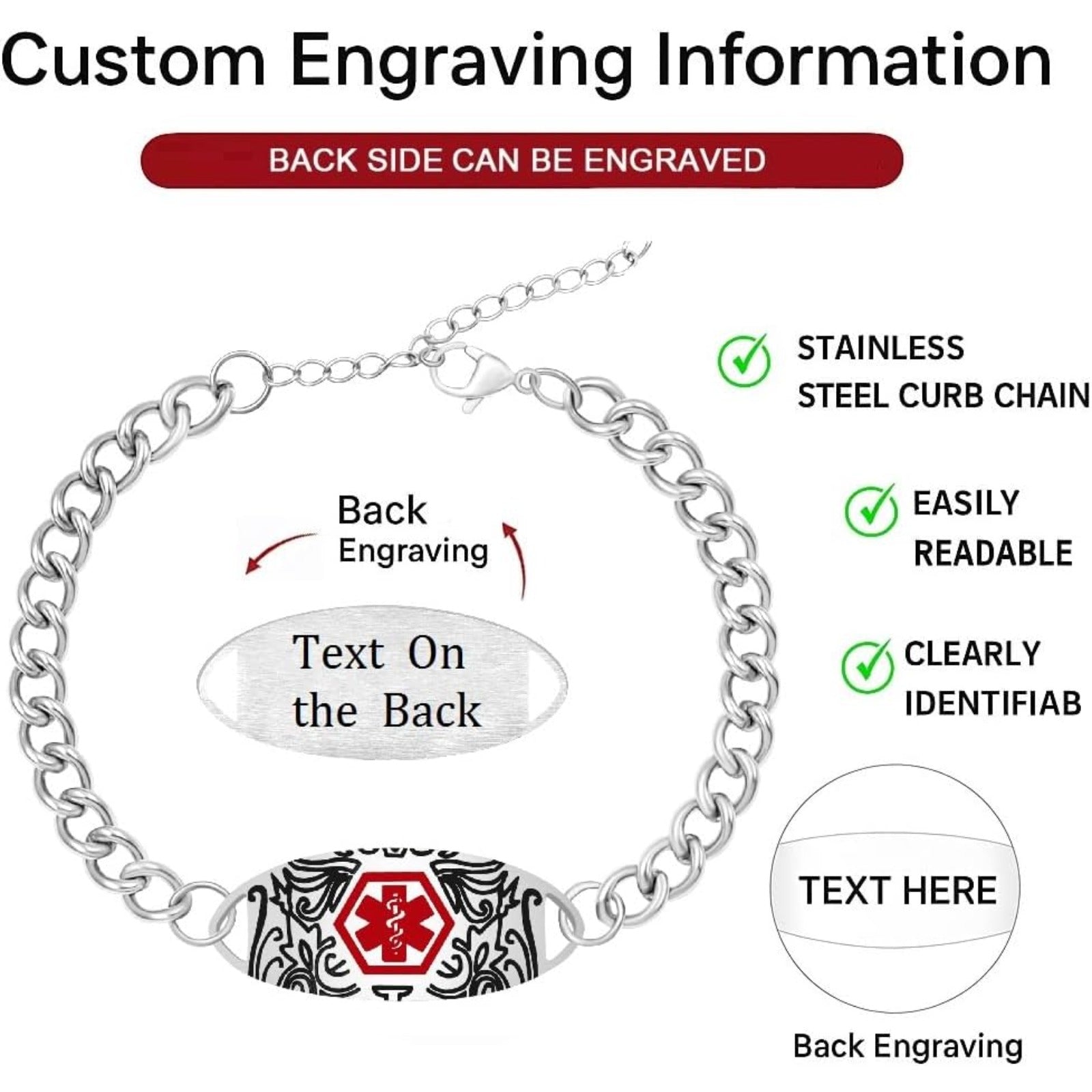 Uloveido Personalized Medical Alert Bracelet for Men Women | Double-Sided Engraved Stainless Steel Curb Link Chain ID Bracelet | Custom Emergency Health Info Jewelry