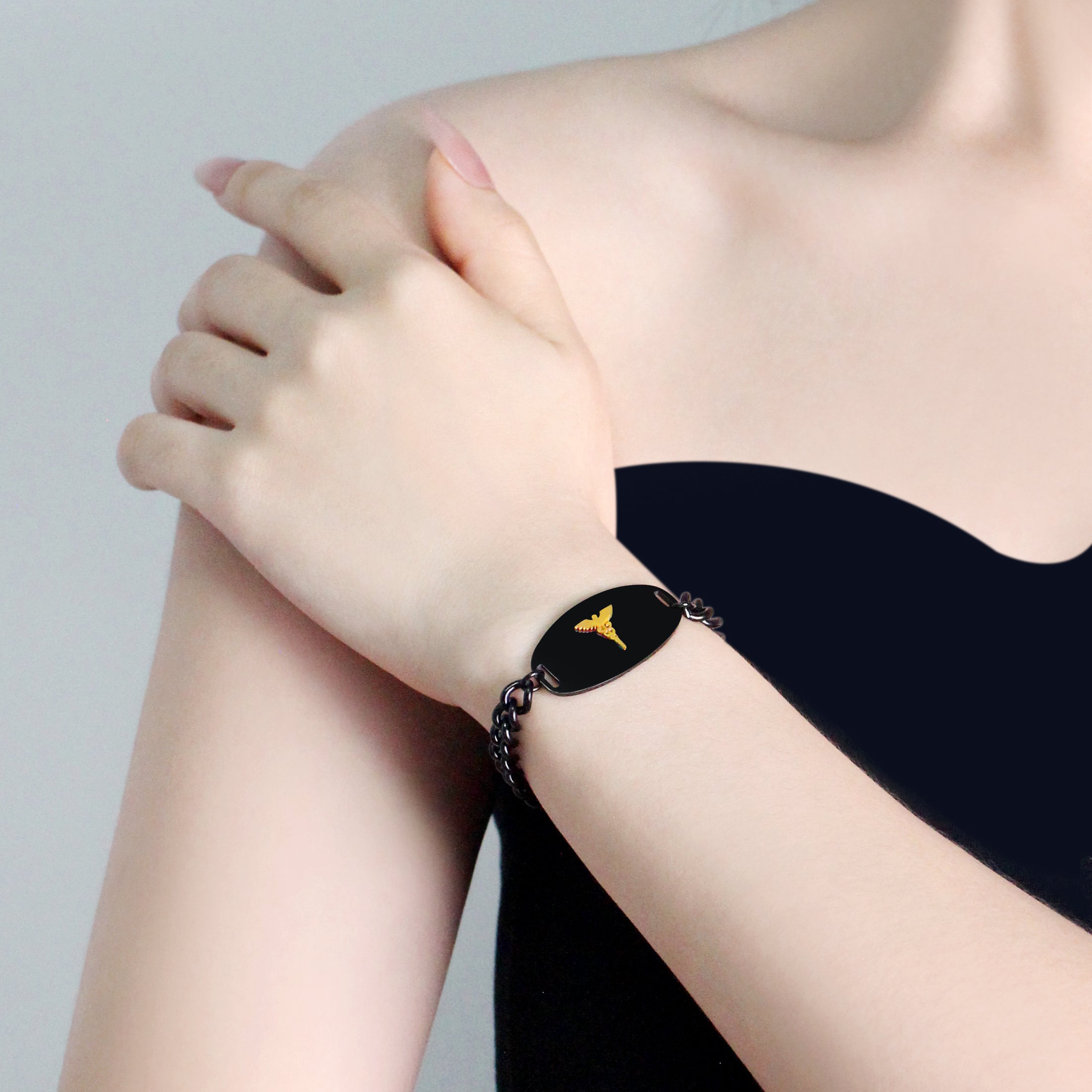 Stainless Steel Medical Alert Bracelet with Golden Caduceus Symbol Men Women | Laser Engraved or Dynamic QR Code Medical ID Bracelet | Adjustable Chain Emergency Contact Allergy ID Jewelry Black White