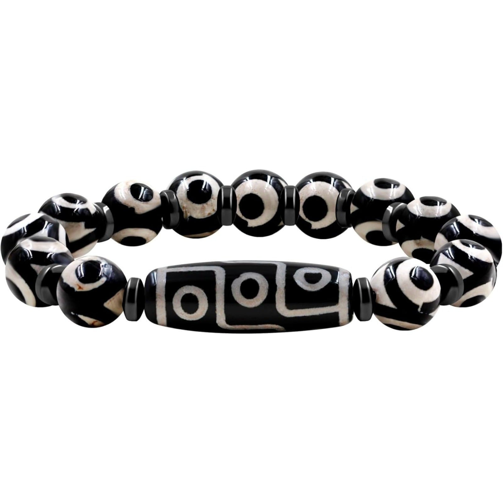 Dzi Bead Tibetan Bracelet for Men Women | Nine Eye Dzi Agate Beaded Bracelet with Hematite Spacers | Feng Shui Buddhist Meditation Amulet Adjustable Style Jewelry Brown Green Black YA5102
