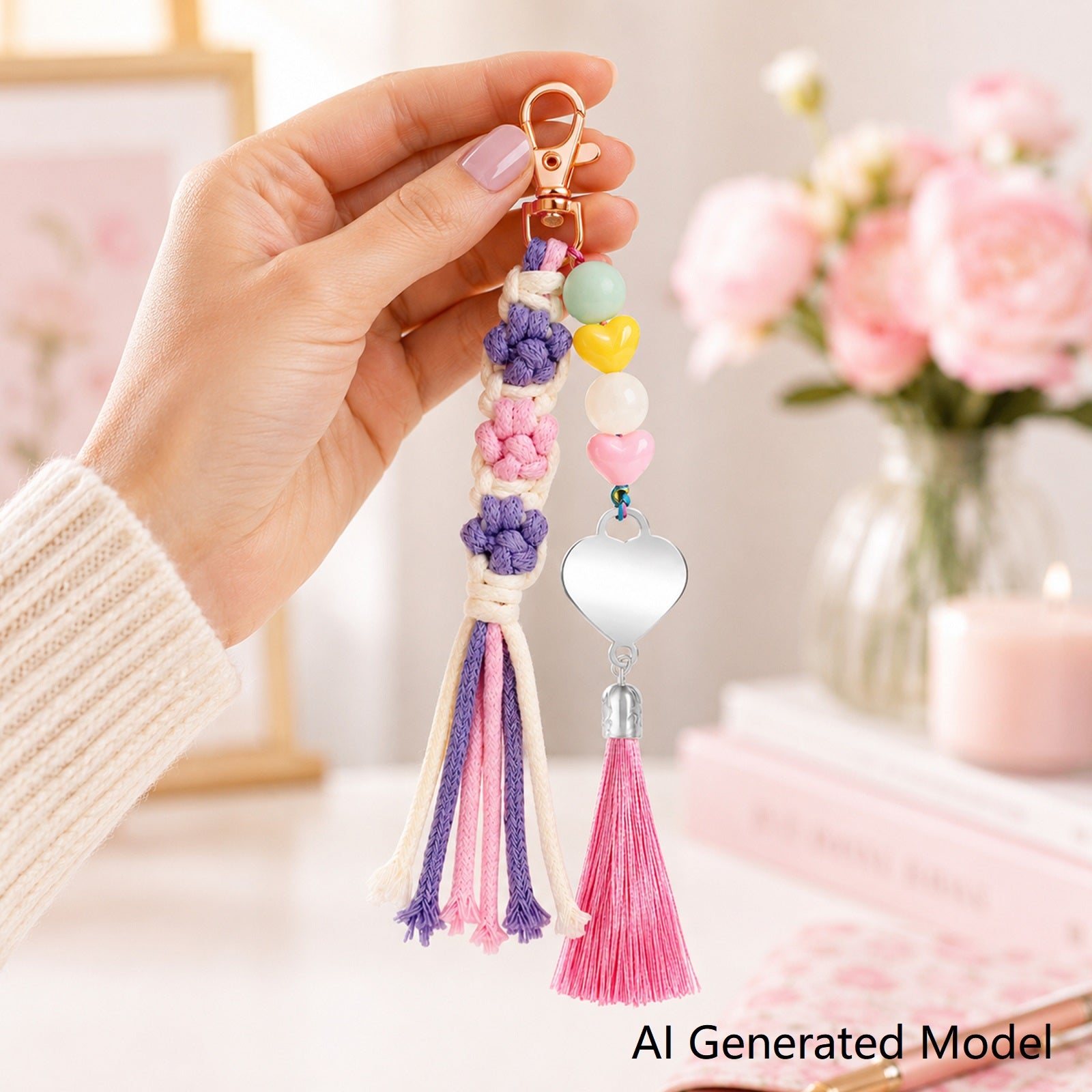 Handmade Flower Tassel Keychain Charm Boho Woven Floral Bag Pendant with Heart Beads for Women