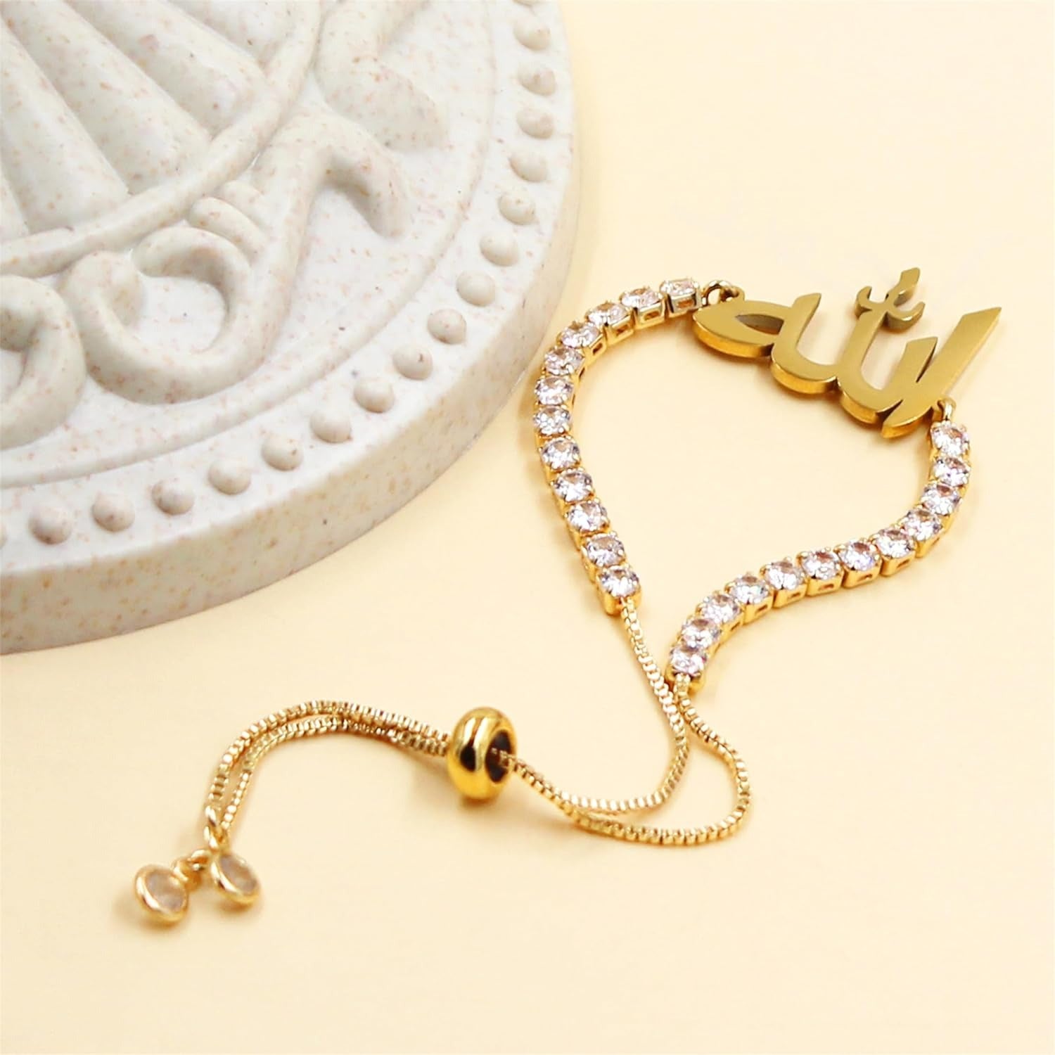 Arabic Allah Script Cubic Zirconia Tennis Bracelet for Women Stainless Steel Adjustable Islamic Faith Jewelry Sparkling Muslim Bracelet Elegant Religious Gift for Mom Wife Sister Daughter Ramadan Eid