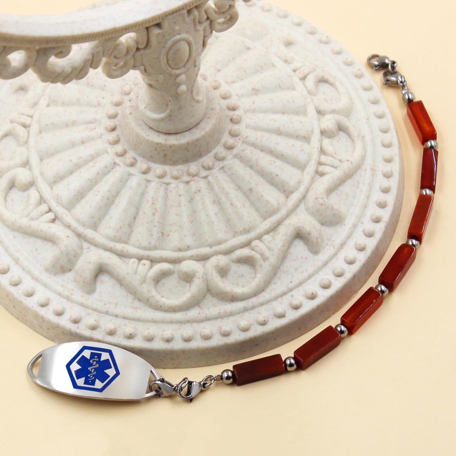 Dynamic QR Code Medical Alert Bracelet with Natural Stone Beads, Pink Stone Red Agate Black Agate White Turquoise, Stainless Steel Medical ID Bracelet, Double Lobster Clasp, No Engraving Required