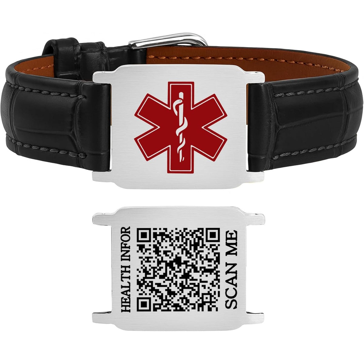 Uloveido Dynamic QR Code Medical Alert Bracelet for Men & Women, Genuine Leather Adjustable Medical ID Bracelet with Stainless Steel Plate, Scan to Update Emergency Info, No Engraving Required