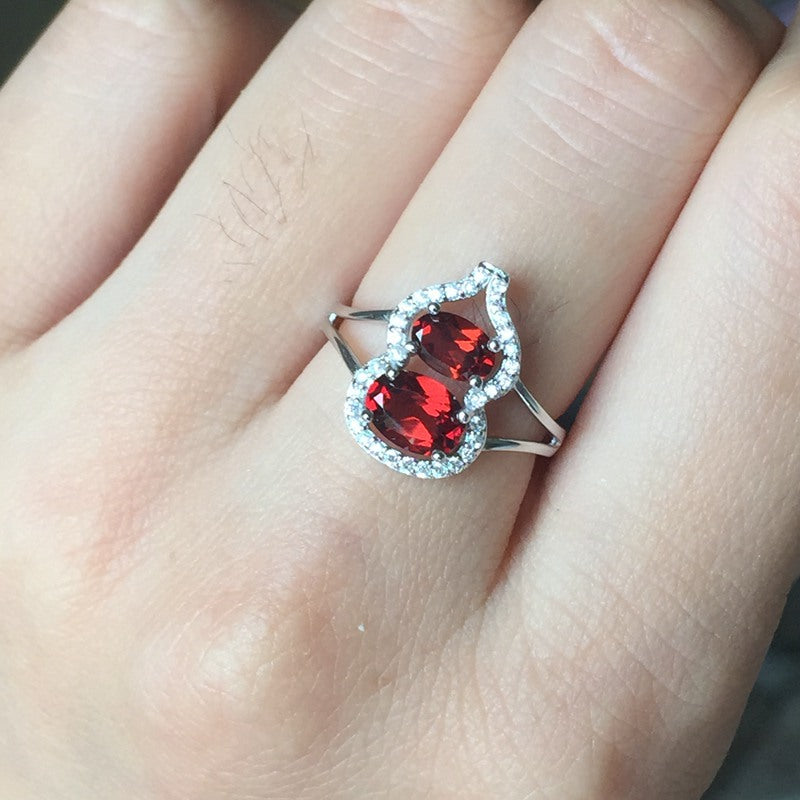 925 Silver Inlaid Natural Garnet Gourd Ring, High-Quality Garnet, January Birthstone, Adjustable Ring for Women, Engagement, Wedding, Valentine's Day, Mother's Day, Birthday Gift, Support Retail, Wholesale, Dropshipping, 20% Off