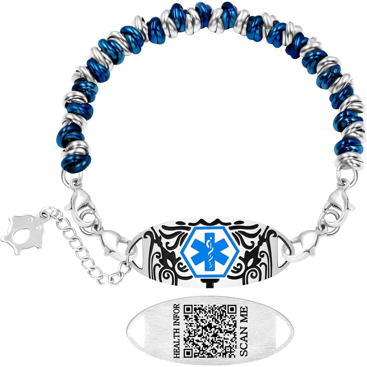 Blue & White Circle Style Stainless Steel Medical Alert Bracelet for Women Custom Engraved Medical ID with QR Code | Interchangeable Medical Plate, Double Lobster Clasp, Fashion Safety Jewelry YA5541
